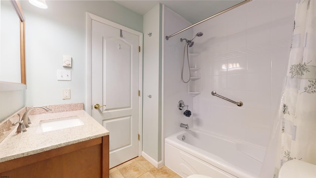 full bathroom featuring vanity, shower / bathtub combination with curtain, toilet, and tile patterned flooring