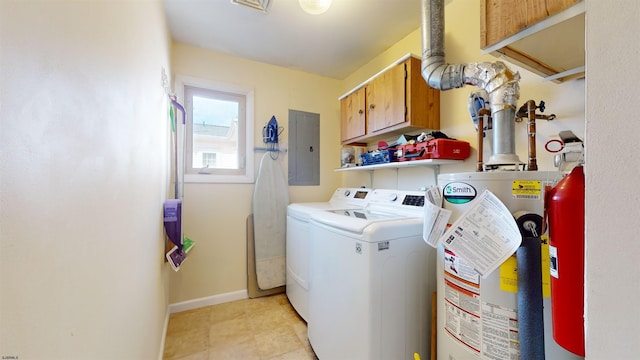 clothes washing area featuring water heater, electric panel, separate washer and dryer, and cabinets