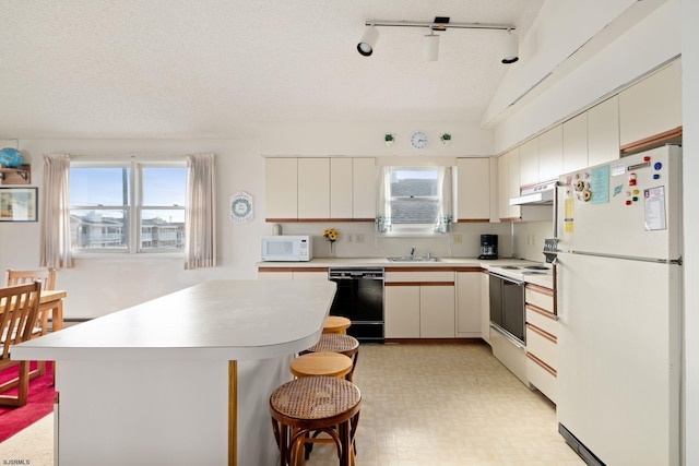 kitchen featuring white appliances, vaulted ceiling, a textured ceiling, and sink