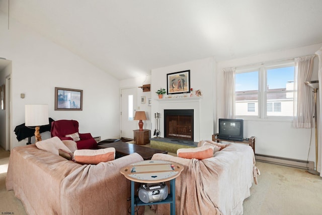 living room featuring a baseboard radiator, light colored carpet, and lofted ceiling