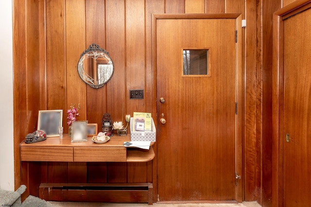 room details featuring wood walls