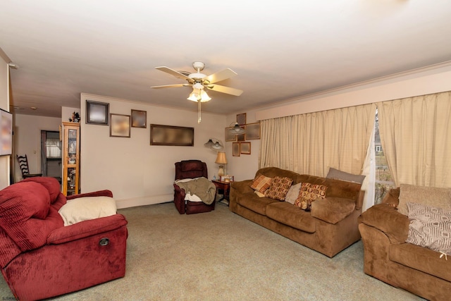 carpeted living room featuring ceiling fan