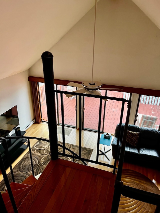 interior space with lofted ceiling, a healthy amount of sunlight, wood-type flooring, and a baseboard radiator