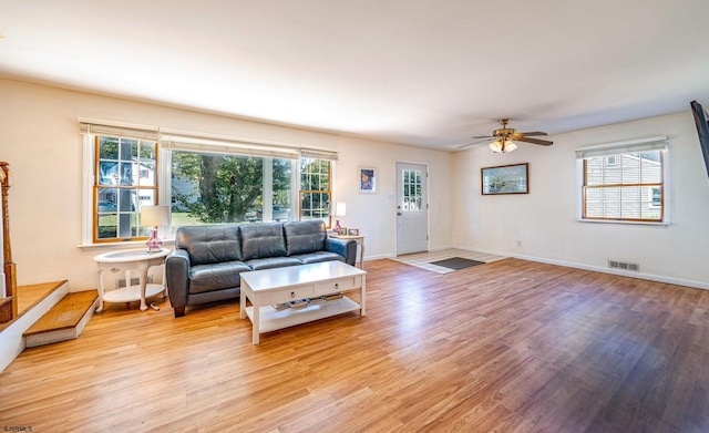 living room featuring plenty of natural light, ceiling fan, and light hardwood / wood-style flooring