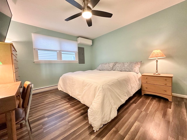 bedroom featuring ceiling fan, a baseboard radiator, dark hardwood / wood-style flooring, and a wall mounted air conditioner