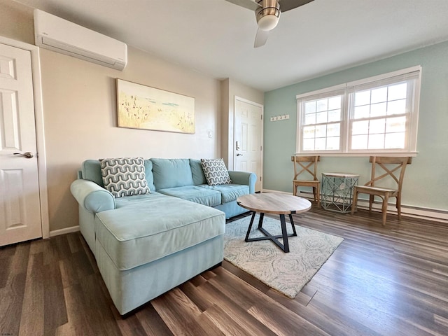 living room with ceiling fan, a wall mounted AC, and dark hardwood / wood-style flooring