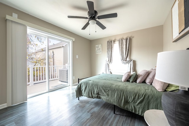 bedroom with access to exterior, wood-type flooring, and ceiling fan