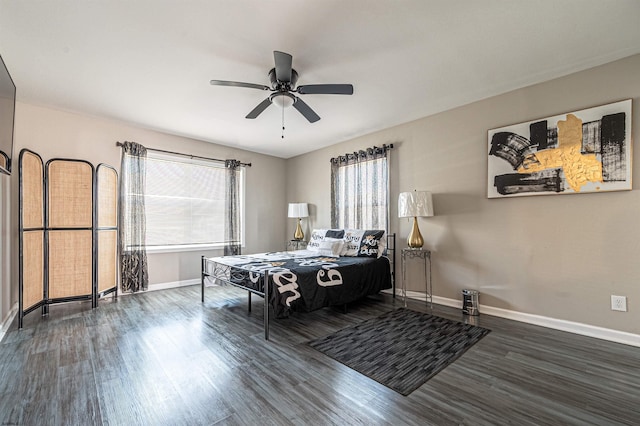 bedroom featuring dark wood-type flooring and ceiling fan