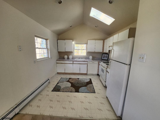 kitchen with vaulted ceiling with skylight, white cabinetry, sink, white appliances, and baseboard heating