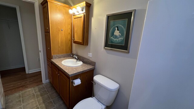 bathroom featuring toilet, vanity, and wood-type flooring