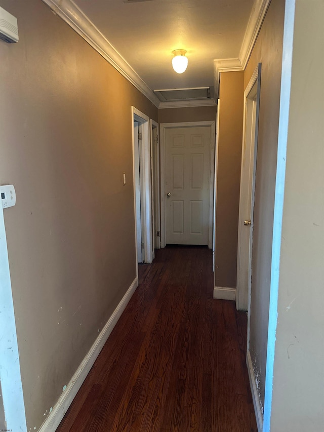 hall with dark hardwood / wood-style floors and crown molding