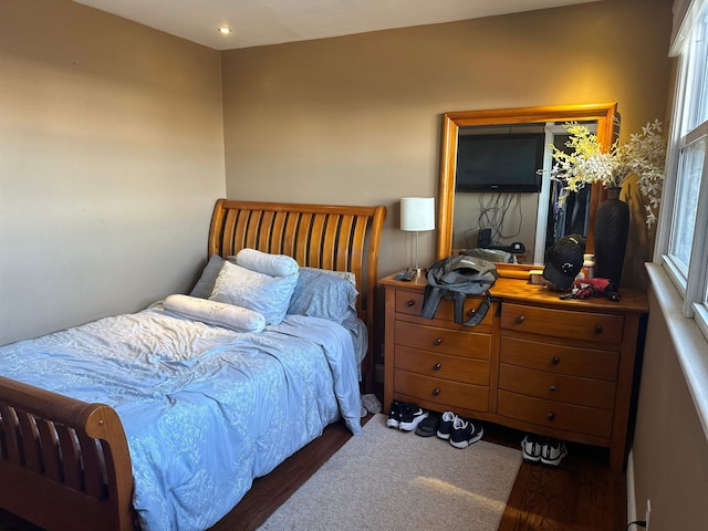 bedroom featuring multiple windows and dark hardwood / wood-style floors