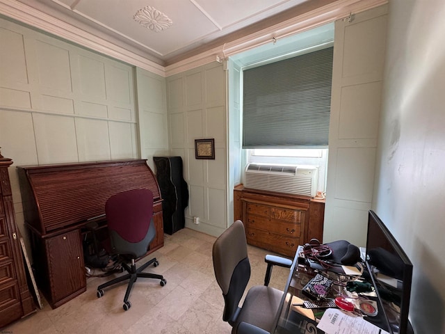 home office featuring cooling unit and crown molding