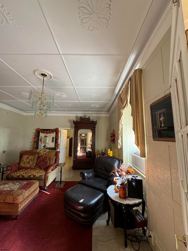 living room featuring an inviting chandelier