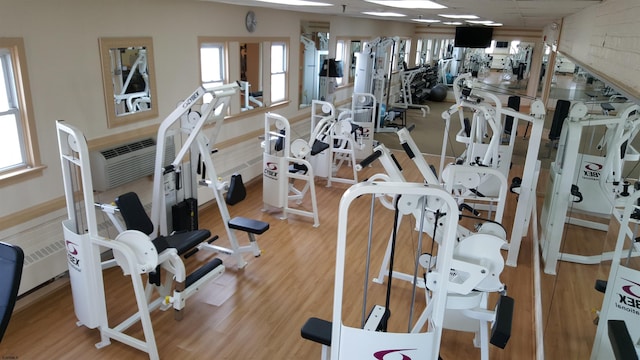 exercise room with light hardwood / wood-style flooring and a wall mounted air conditioner