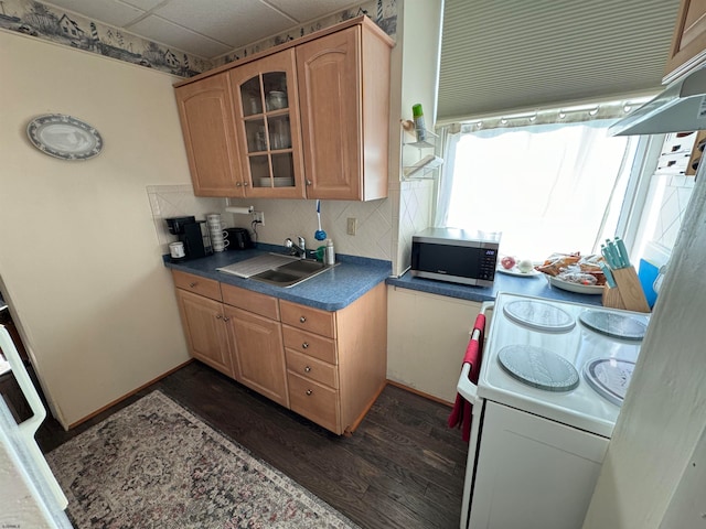 kitchen featuring dark wood-type flooring, sink, backsplash, white range, and range hood