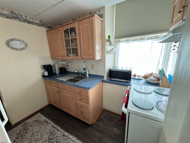 kitchen featuring dark wood-type flooring, a paneled ceiling, sink, tasteful backsplash, and white range