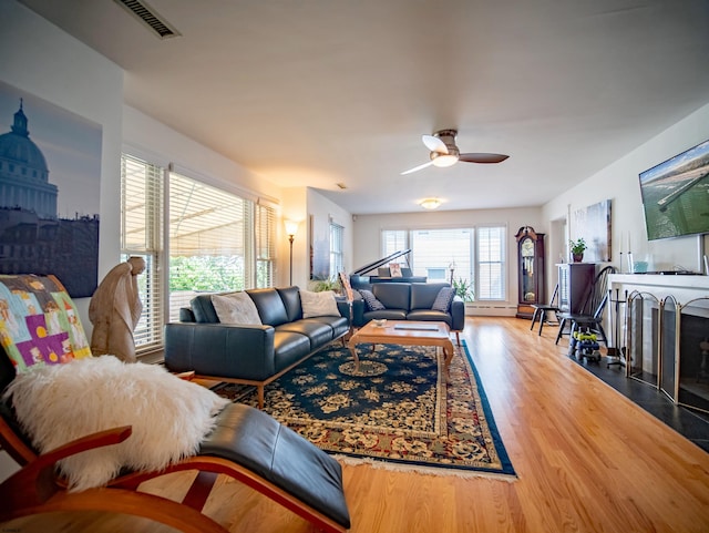 living room with ceiling fan and wood-type flooring