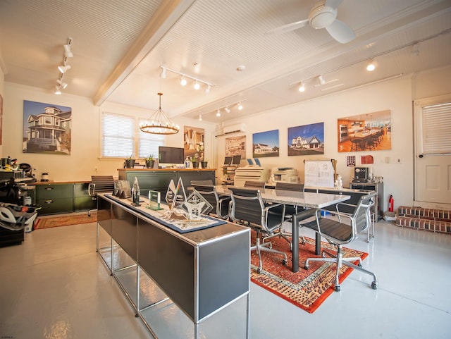 recreation room with concrete flooring, ceiling fan with notable chandelier, an AC wall unit, and beam ceiling