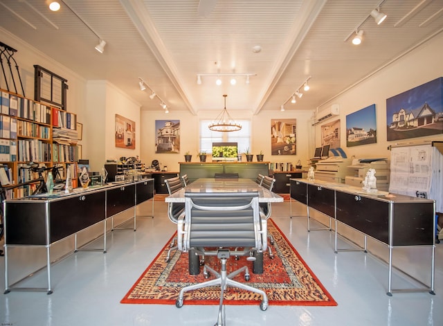 interior space featuring ornamental molding, track lighting, beamed ceiling, and a chandelier