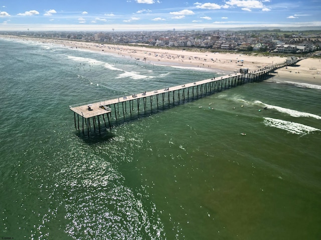 bird's eye view with a view of the beach and a water view