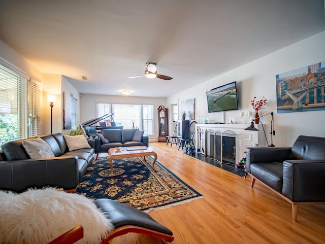 living room with hardwood / wood-style floors and ceiling fan