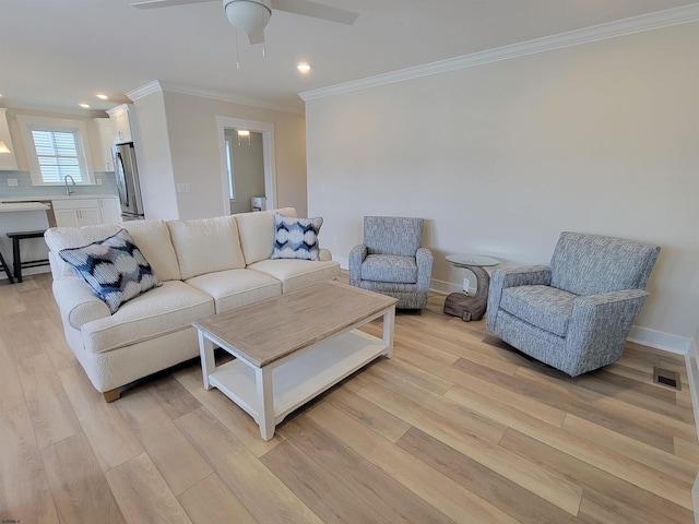 705 E 8th St Unit 1, Ocean City, NJ 08226 - living room featuring ornamental molding, ceiling fan, light wood-style flooring, recessed lighting, and baseboards