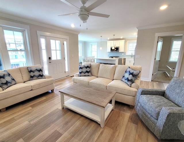 705 E 8th St Unit 1, Ocean City, NJ 08226 - living area featuring crown molding, light wood finished floors, ceiling fan, baseboards, and recessed lighting