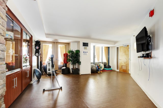 exercise area featuring dark hardwood / wood-style floors