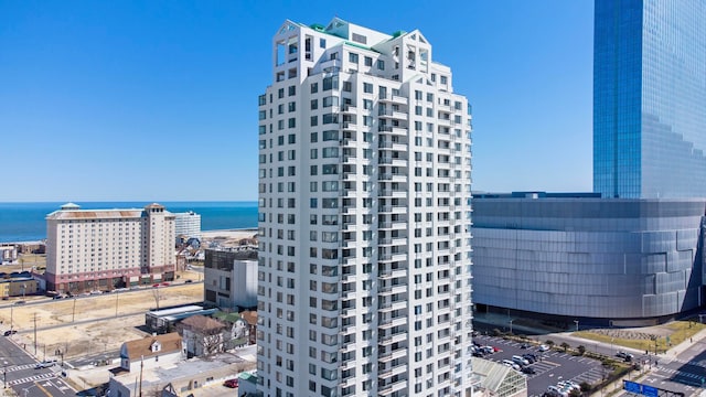 view of building exterior with a water view