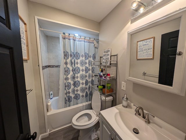 full bathroom with toilet, vanity, shower / bath combination with curtain, and wood-type flooring