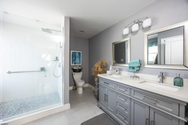 bathroom featuring toilet, vanity, tile patterned floors, and walk in shower