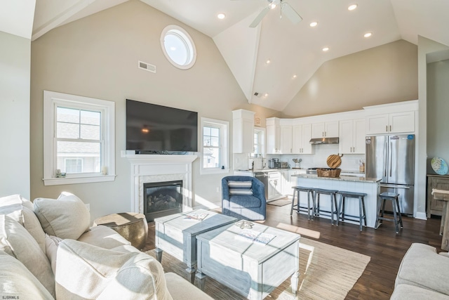 living room featuring high vaulted ceiling, ceiling fan, a wealth of natural light, and dark hardwood / wood-style floors