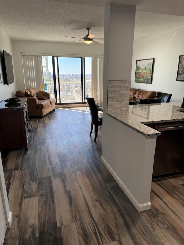 kitchen with dishwasher, dark hardwood / wood-style flooring, a textured ceiling, and light stone counters