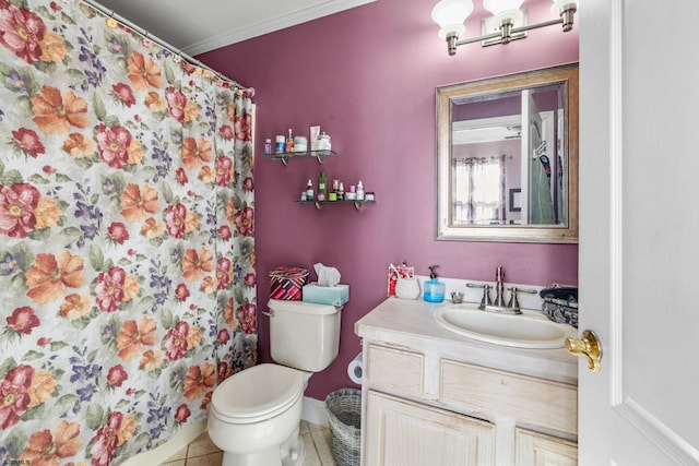 bathroom featuring tile patterned floors, crown molding, walk in shower, vanity, and toilet