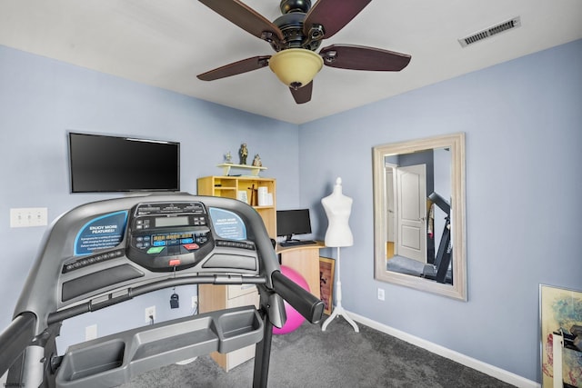 exercise room featuring carpet floors and ceiling fan