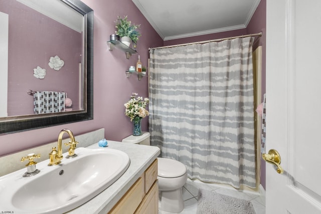 bathroom with toilet, tile patterned floors, ornamental molding, vanity, and a shower with shower curtain