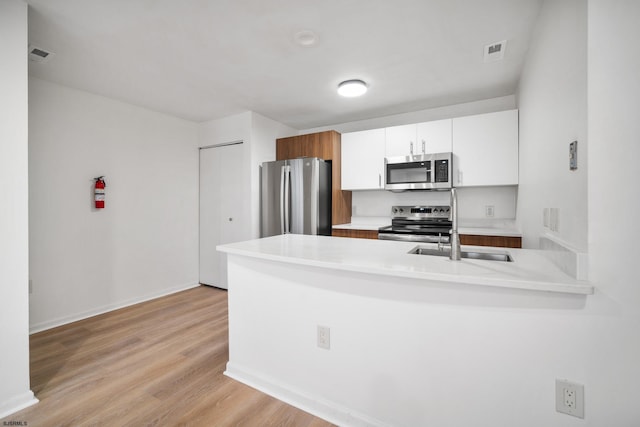 kitchen featuring white cabinetry, sink, stainless steel appliances, kitchen peninsula, and light wood-type flooring