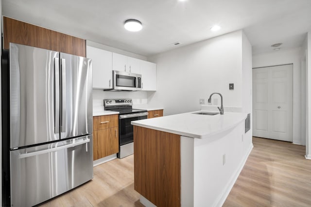 kitchen with white cabinetry, sink, light wood-type flooring, and stainless steel appliances