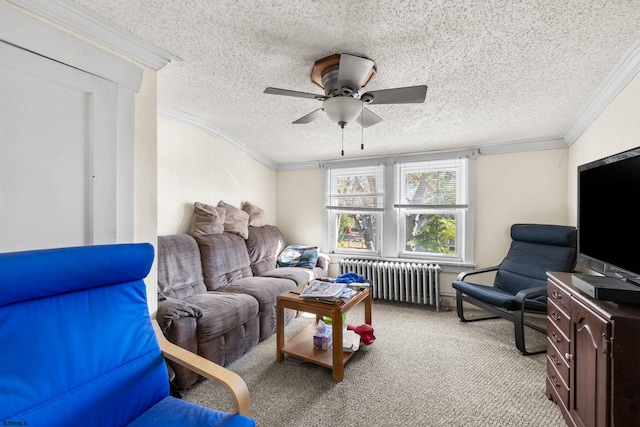 carpeted living room featuring a textured ceiling, radiator, ornamental molding, and ceiling fan