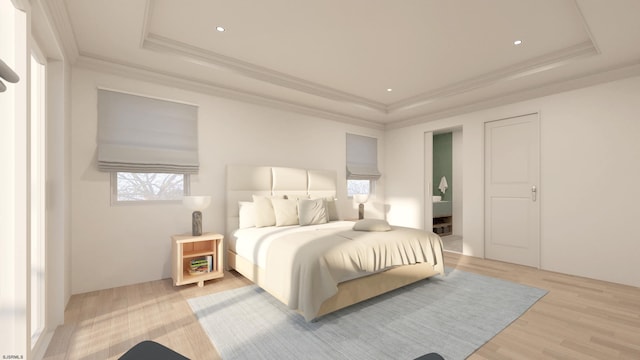 bedroom featuring ornamental molding, light wood-type flooring, a raised ceiling, and recessed lighting