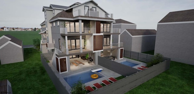 rear view of house featuring outdoor lounge area, a patio, a balcony, and a lawn