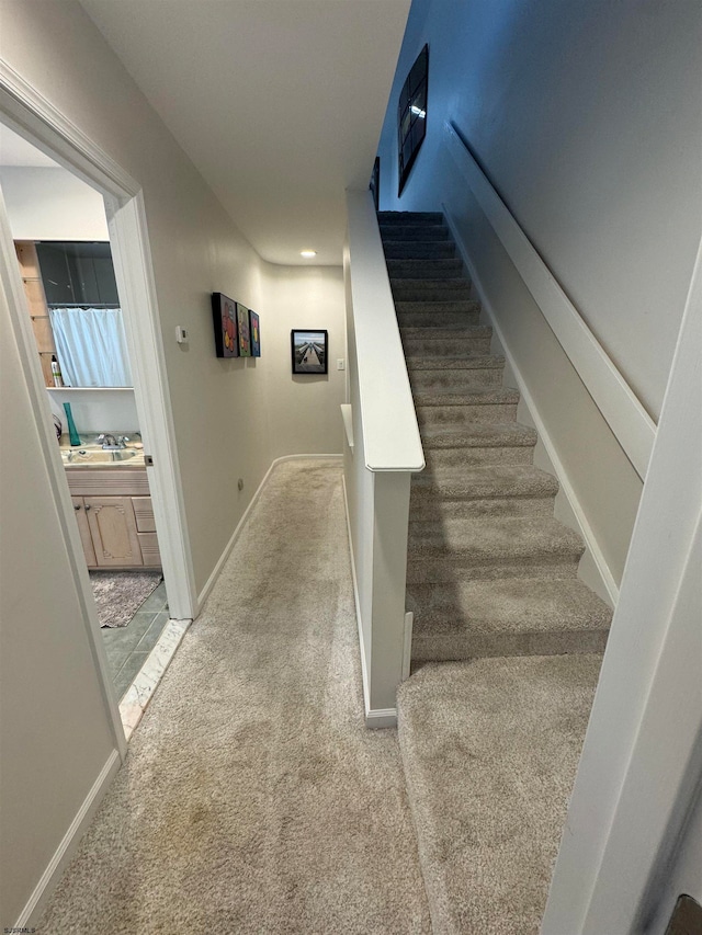 staircase featuring sink and carpet floors