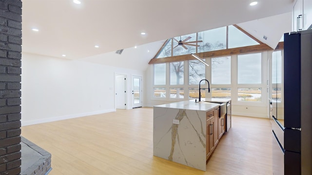 kitchen featuring sink, ceiling fan, light stone countertops, light hardwood / wood-style floors, and a center island with sink