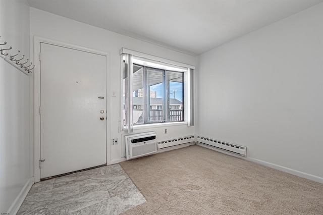 doorway featuring light colored carpet, a wall unit AC, and a baseboard heating unit