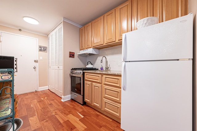 kitchen featuring white refrigerator, crown molding, high end stove, tasteful backsplash, and light hardwood / wood-style floors