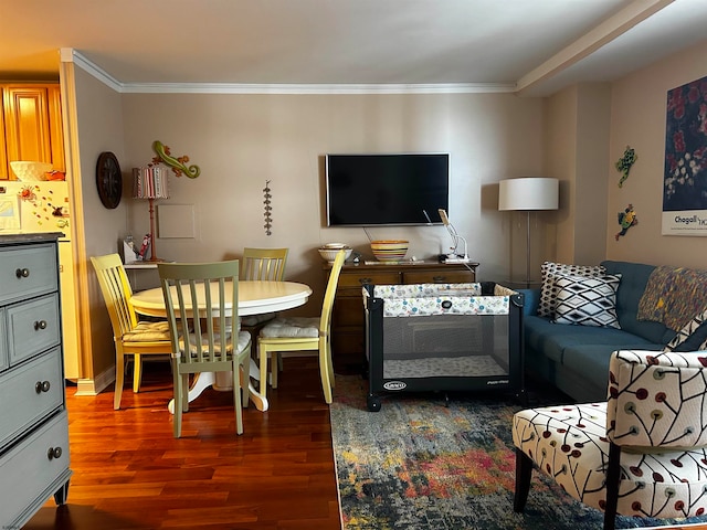 living room with crown molding and dark wood-type flooring