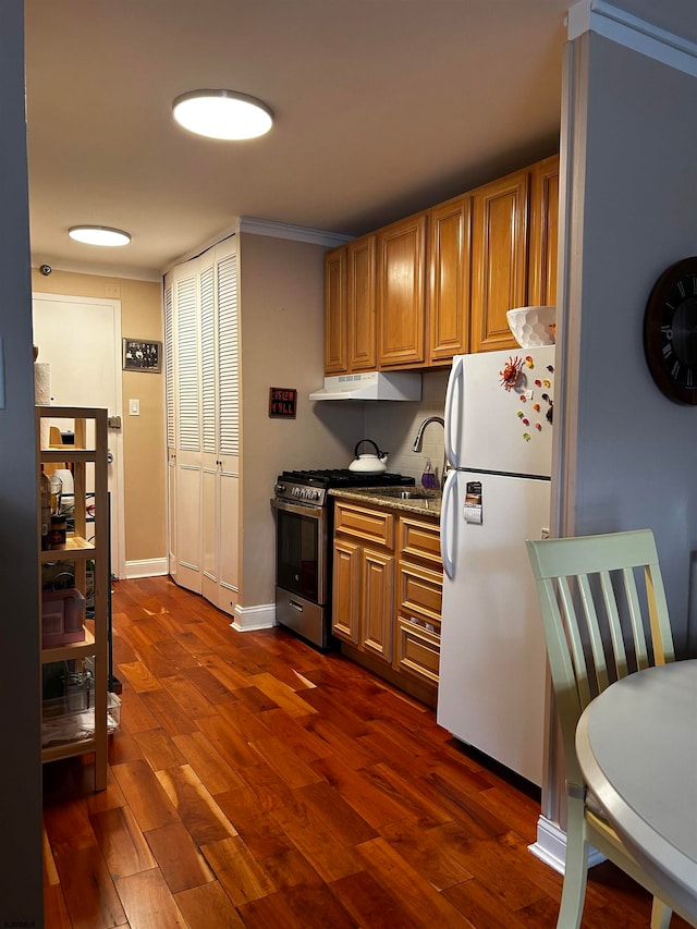 kitchen with stone countertops, white fridge, dark hardwood / wood-style floors, and high end stainless steel range