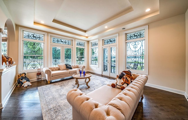 interior space featuring french doors, a tray ceiling, and dark wood-type flooring