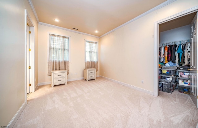 unfurnished bedroom with a closet, light colored carpet, and ornamental molding